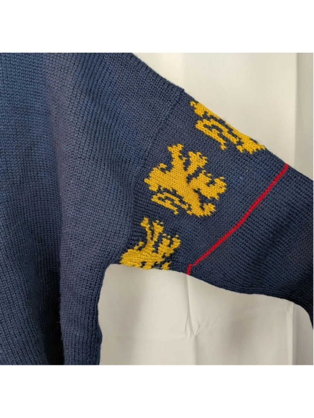 Handmade Wool Navy Cardigan with Yellow Lion Accents Size L In VGUC